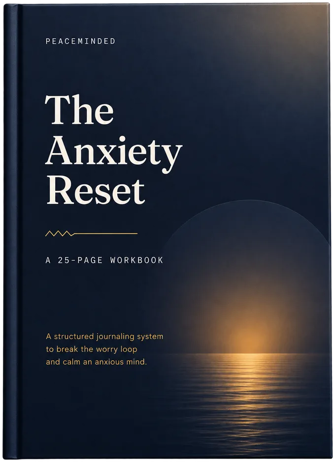 Cover of The Anxiety Reset, a 25-page structured journaling workbook by Peaceminded